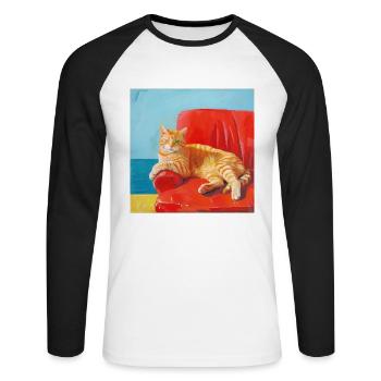 Katze, katzenmotiv, popart, geschenk, geschenkidee - Unisex Baseballshirt langarm - Weiß/Schwarz - Vorne - Nik (191cm)