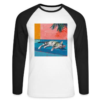 Katze, katzenmotiv, popart, geschenk, geschenkidee - Unisex Baseballshirt langarm - Weiß/Schwarz - Vorne - Nik (191cm)