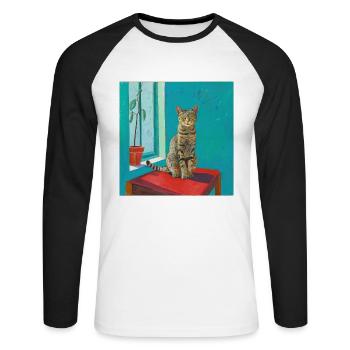 Katze, katzenmotiv, popart, geschenk, geschenkidee - Unisex Baseballshirt langarm - Weiß/Schwarz - Vorne - Nik (191cm)