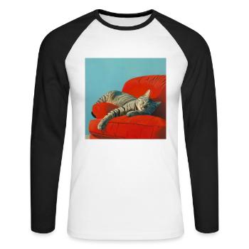 Katze, katzenmotiv, popart, geschenk, geschenkidee - Unisex Baseballshirt langarm - Weiß/Schwarz - Vorne - Nik (191cm)