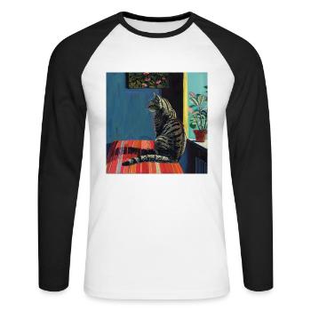 Katze, katzenmotiv, popart, geschenk, geschenkidee - Unisex Baseballshirt langarm - Weiß/Schwarz - Vorne - Nik (191cm)