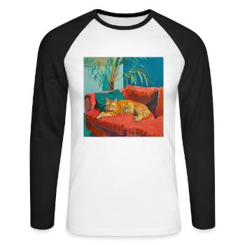 Katze, katzenmotiv, popart, geschenk, geschenkidee - Unisex Baseballshirt langarm - Weiß/Schwarz - Vorne - Nik (191cm)