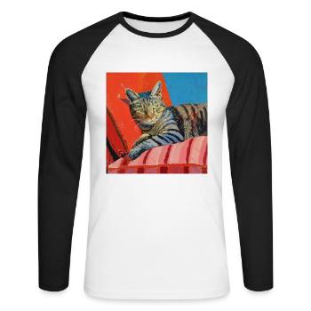 Katze, katzenmotiv, popart, geschenk, geschenkidee - Unisex Baseballshirt langarm - Weiß/Schwarz - Vorne - Nik (191cm)
