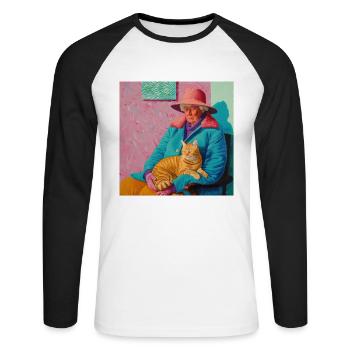 Katze, katzenmotiv, popart, geschenk, geschenkidee - Unisex Baseballshirt langarm - Weiß/Schwarz - Vorne - Nik (191cm)