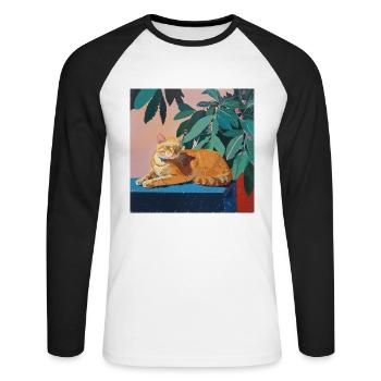 Katze, katzenmotiv, popart, geschenk, geschenkidee - Unisex Baseballshirt langarm - Weiß/Schwarz - Vorne - Nik (191cm)