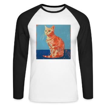Katze, katzenmotiv, popart, geschenk, geschenkidee - Unisex Baseballshirt langarm - Weiß/Schwarz - Vorne - Nik (191cm)