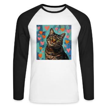 Katze, katzenmotiv, popart, geschenk, geschenkidee - Unisex Baseballshirt langarm - Weiß/Schwarz - Vorne - Nik (191cm)