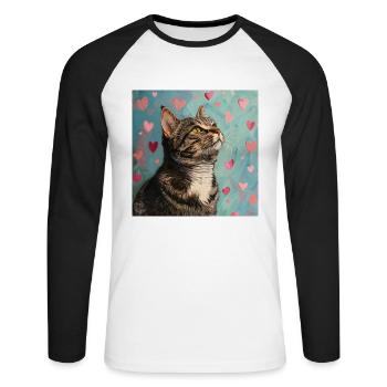 Katze, katzenmotiv, popart, geschenk, geschenkidee - Unisex Baseballshirt langarm - Weiß/Schwarz - Vorne - Nik (191cm)