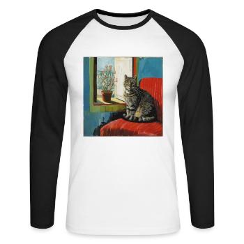 Katze, katzenmotiv, popart, geschenk, geschenkidee - Unisex Baseballshirt langarm - Weiß/Schwarz - Vorne - Nik (191cm)