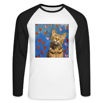 Katze, katzenmotiv, popart, geschenk, geschenkidee - Unisex Baseballshirt langarm - Weiß/Schwarz - Vorne - Nik (191cm)