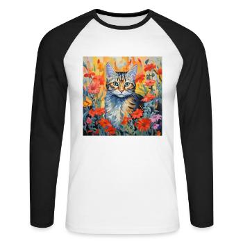 cat, cat motif, flowers, gift, gift idea - Unisex Long Sleeve Baseball T-Shirt - white/black - Front - Nik (191cm)