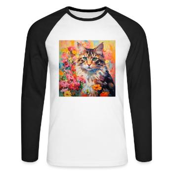 cat, cat motif, flowers, gift, gift idea - Unisex Long Sleeve Baseball T-Shirt - white/black - Front - Nik (191cm)
