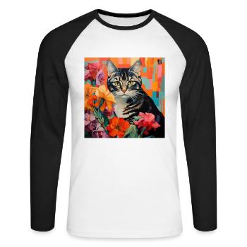 cat, cat motif, flowers, gift, gift idea - Unisex Long Sleeve Baseball T-Shirt - white/black - Front - Nik (191cm)