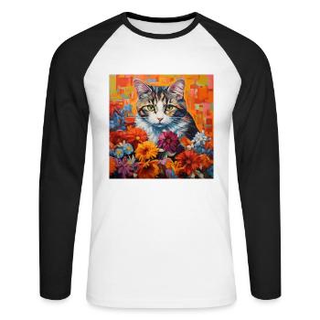 chat, motif de chat, fleurs, cadeau, idée cadeau - T-shirt baseball manches longues Homme - blanc/noir - Devant - Nik (191cm)