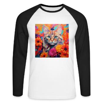 chat, motif de chat, fleurs, cadeau, idée cadeau - T-shirt baseball manches longues Homme - blanc/noir - Devant - Nik (191cm)