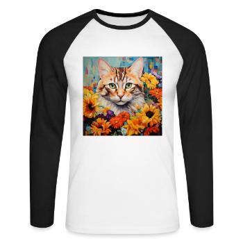 chat, motif de chat, fleurs, cadeau, idée cadeau - T-shirt baseball manches longues Homme - blanc/noir - Devant - Nik (191cm)