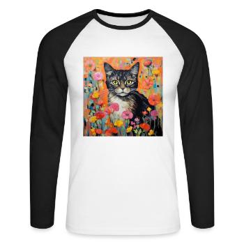 cat, cat motif, flowers, gift, gift idea - Unisex Long Sleeve Baseball T-Shirt - white/black - Front - Nik (191cm)
