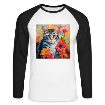 chat, motif de chat, fleurs, cadeau, idée cadeau - T-shirt baseball manches longues Homme - blanc/noir - Devant - Nik (191cm)