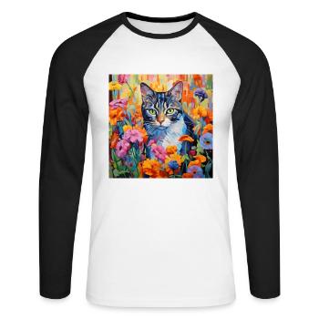 chat, motif de chat, fleurs, cadeau, idée cadeau - T-shirt baseball manches longues Homme - blanc/noir - Devant - Nik (191cm)