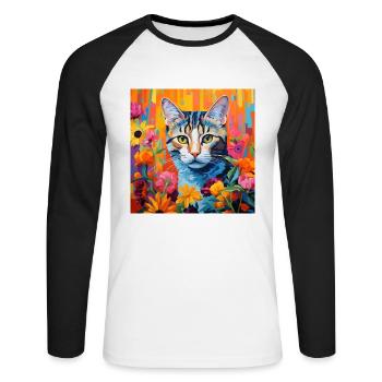 chat, motif de chat, fleurs, cadeau, idée cadeau - T-shirt baseball manches longues Homme - blanc/noir - Devant - Nik (191cm)