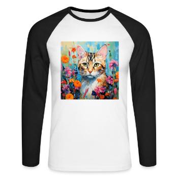 chat, motif de chat, fleurs, cadeau, idée cadeau - T-shirt baseball manches longues Homme - blanc/noir - Devant - Nik (191cm)