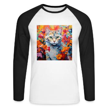 chat, motif de chat, fleurs, cadeau, idée cadeau - T-shirt baseball manches longues Homme - blanc/noir - Devant - Nik (191cm)