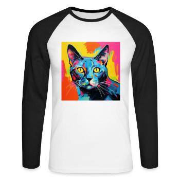 Katze, katzenmotiv, popart, geschenk, geschenkidee - Unisex Baseballshirt langarm - Weiß/Schwarz - Vorne - Nik (191cm)