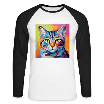 Katze, katzenmotiv, popart, geschenk, geschenkidee - Unisex Baseballshirt langarm - Weiß/Schwarz - Vorne - Nik (191cm)