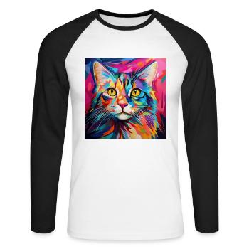 Katze, katzenmotiv, popart, geschenk, geschenkidee - Unisex Baseballshirt langarm - Weiß/Schwarz - Vorne - Nik (191cm)