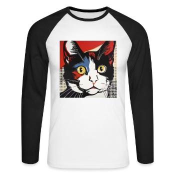 Chat, Motif De Chat - T-shirt baseball manches longues Homme - blanc/noir - Devant - Nik (191cm)