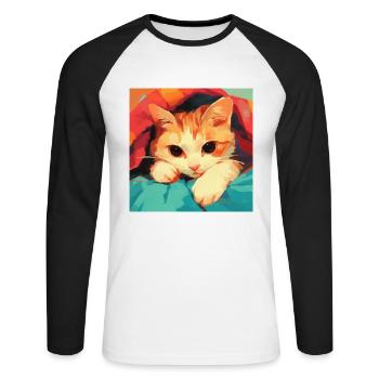 Chat, Motif De Chat - T-shirt baseball manches longues Homme - blanc/noir - Devant - Nik (191cm)