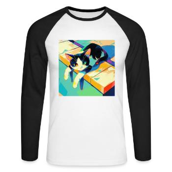 Chat, Motif De Chat - T-shirt baseball manches longues Homme - blanc/noir - Devant - Nik (191cm)