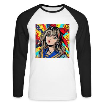 Anime, Fille, Rétro, Waifu, Japon, Années 60 - T-shirt baseball manches longues Homme - blanc/noir - Devant - Nik (191cm)
