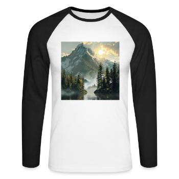 Berge, Landschaft, Natur, Bäume, Sonne - Unisex Baseballshirt langarm - Weiß/Schwarz - Vorne - Nik (191cm)