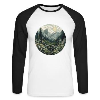 Boho, Blumen, Berge, Landschaft, Natur, Bäume - Unisex Baseballshirt langarm - Weiß/Schwarz - Vorne - Nik (191cm)