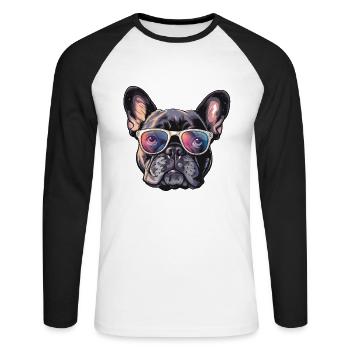 Französische Bulldogge, Frenchie, Bouledogue français, - T-shirt baseball manches longues Homme - blanc/noir - Devant - Nik (191cm)
