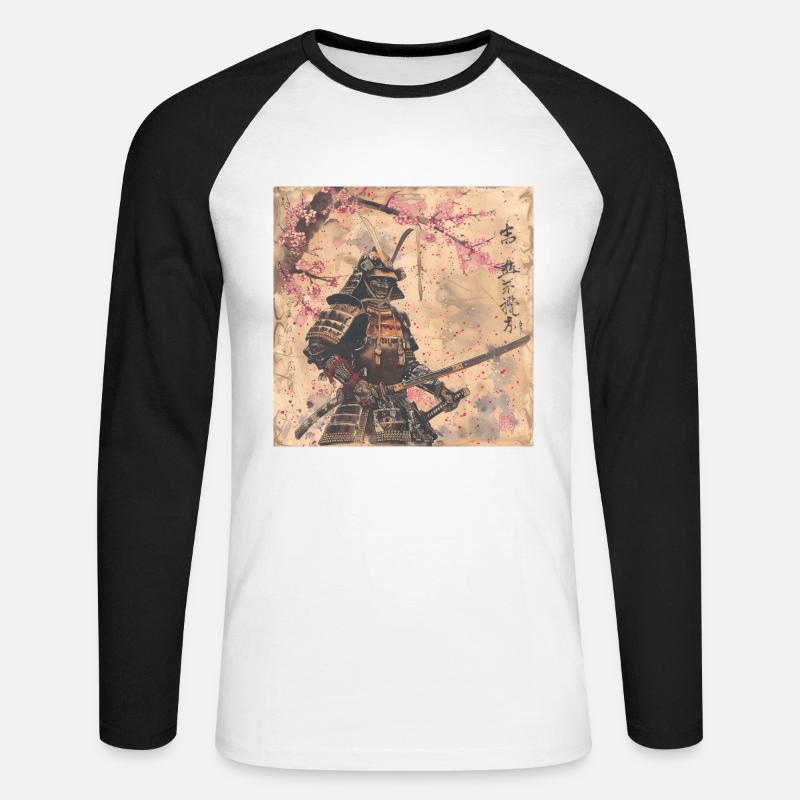 Japanisch, Samurai, Kirschblüte, Kunst, Ukiyo-E - Unisex Baseballshirt langarm - Weiß/Schwarz