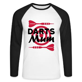 Darts mum (Dartpfeile, Dartscheibe im Hintergrund) - Unisex Baseballshirt langarm - Weiß/Schwarz - Vorne - Nik (191cm)