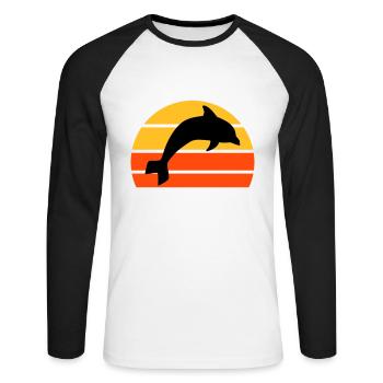 Springender Delphin vor einer geteilten Halbsonne - Unisex Baseballshirt langarm - Weiß/Schwarz - Vorne - Nik (191cm)
