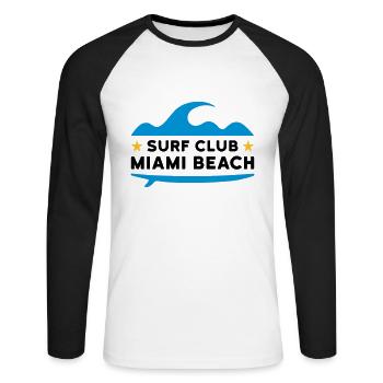 Surf club, Miami beach (vague, étoiles, planche de surf) - T-shirt baseball manches longues Homme - blanc/noir - Devant - Nik (191cm)