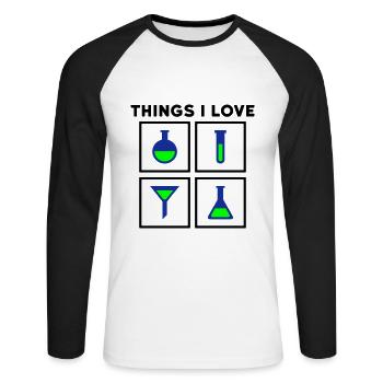 Things I love (Kolben, Reagenzglas, Trichter) - Unisex Baseballshirt langarm - Weiß/Schwarz - Vorne - Nik (191cm)
