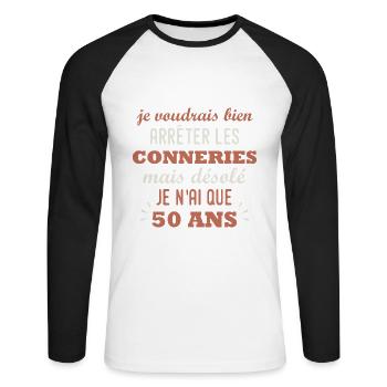 50 ans - anniversaire 50 ans citation humour - T-shirt baseball manches longues Homme - blanc/noir - Devant - Nik (191cm)