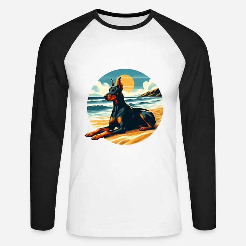 Dobermann am Strand - Unisex Baseballshirt langarm - Weiß/Schwarz