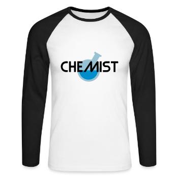 Chimiste (fiole ronde inclinée avec liquide) - T-shirt baseball manches longues Homme - blanc/noir - Devant - Nik (191cm)
