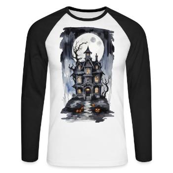 Halloween Vollmond Hexenhaus Grusel Design - Unisex Baseballshirt langarm - Weiß/Schwarz - Vorne - Nik (191cm)