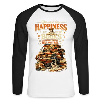 Book Stack & Dogs: You Can't Buy Happiness - Unisex Long Sleeve Baseball T-Shirt - white/black - Front - Nik (191cm)