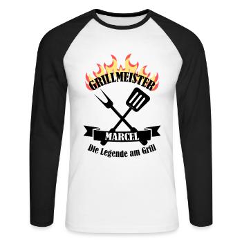 Grillmeister Marcel lustiger Spruch Vorname - Unisex Baseballshirt langarm - Weiß/Schwarz - Vorne - Nik (191cm)