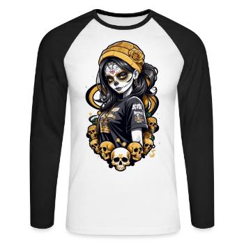 Sugar Skull Girl with Yellow Hat and Skulls - Unisex Long Sleeve Baseball T-Shirt - white/black - Front - Nik (191cm)