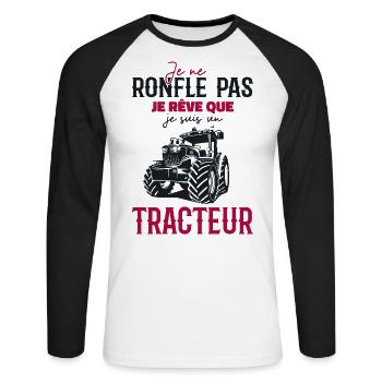 Ich schnarche nicht, ich träume, dass ich ein Traktor bin - Unisex Baseballshirt langarm - Weiß/Schwarz - Vorne - Nik (191cm)