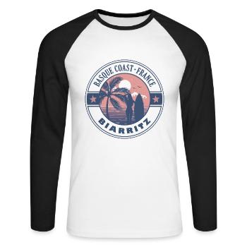 Biarritz Côte Basque France Été Surf Design - T-shirt baseball manches longues Homme - blanc/noir - Devant - Nik (191cm)